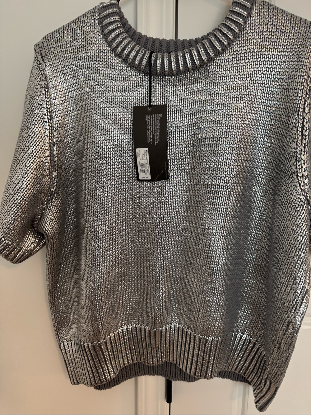 Metallic Silver Crewneck Short Sleeve Sweater